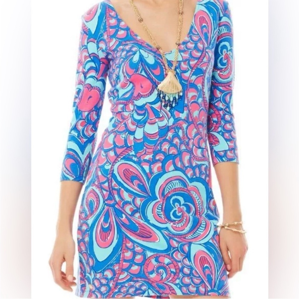 Lilly Pulitzer CLARKE V-NECK FRENCH TERRY DRESS Brewster Blue Reel Me S